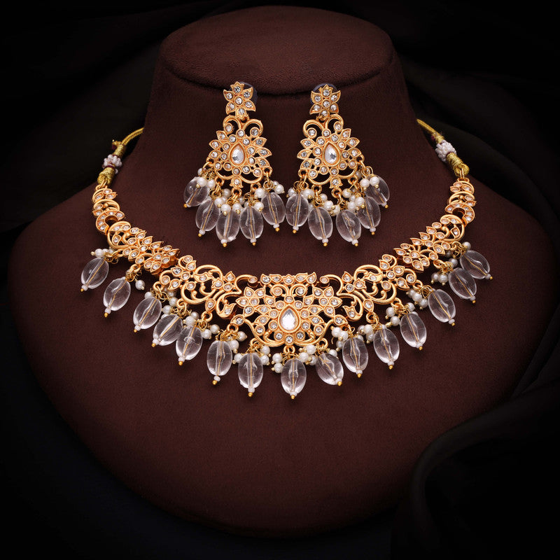 Tehzeeb Creations Gold-Polished White Colour Necklace With Stud - Distacart