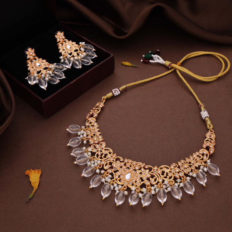 Tehzeeb Creations Gold-Polished White Colour Necklace With Stud - Distacart
