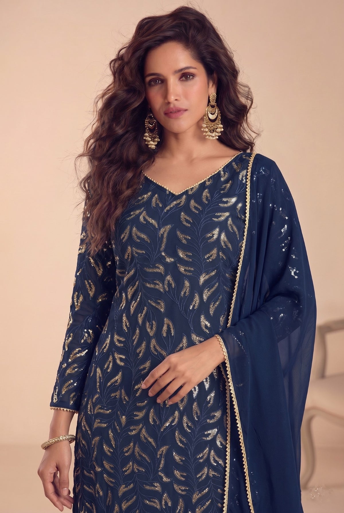 Anaita Navy Georgette Free Size Stitched Suit with Embroidery & Sequence Work - Dista