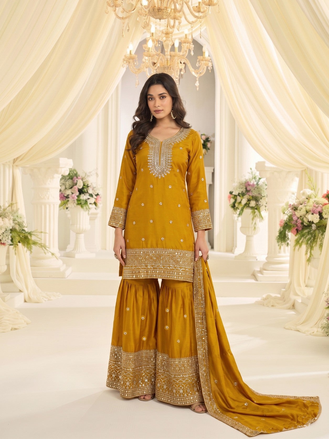 Anaita Mustard Chinon Readymade Suit with Embroidery & Sequence Work - Dista