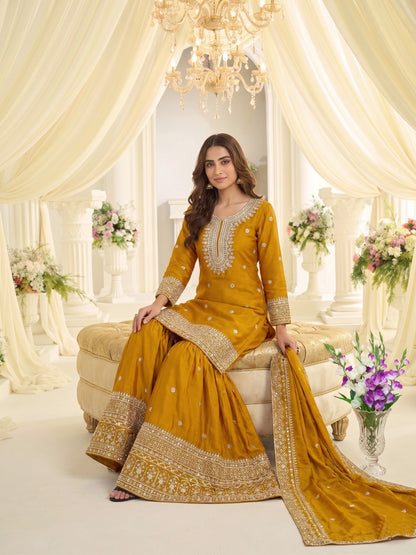 Anaita Mustard Chinon Readymade Suit with Embroidery & Sequence Work - Dista