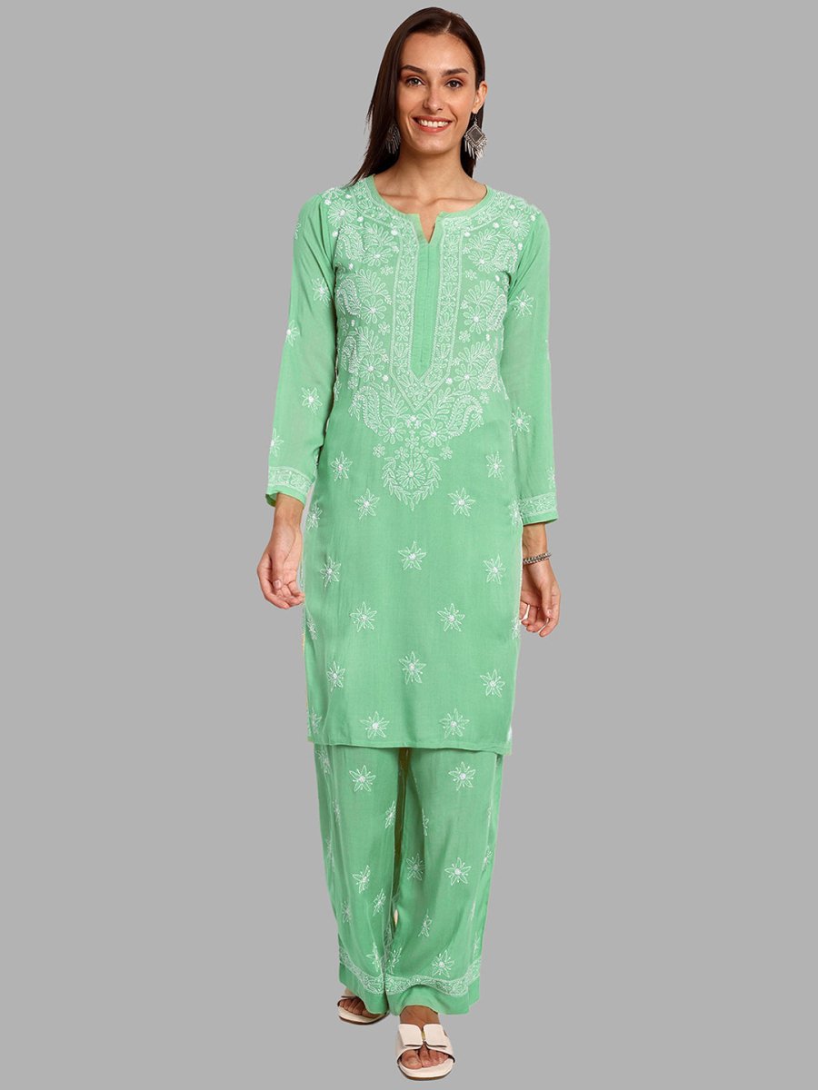 ADA Floral Embroidered Long Sleeves Regular Lucknowi Chikankari Kurta With Palazzos - Distacart