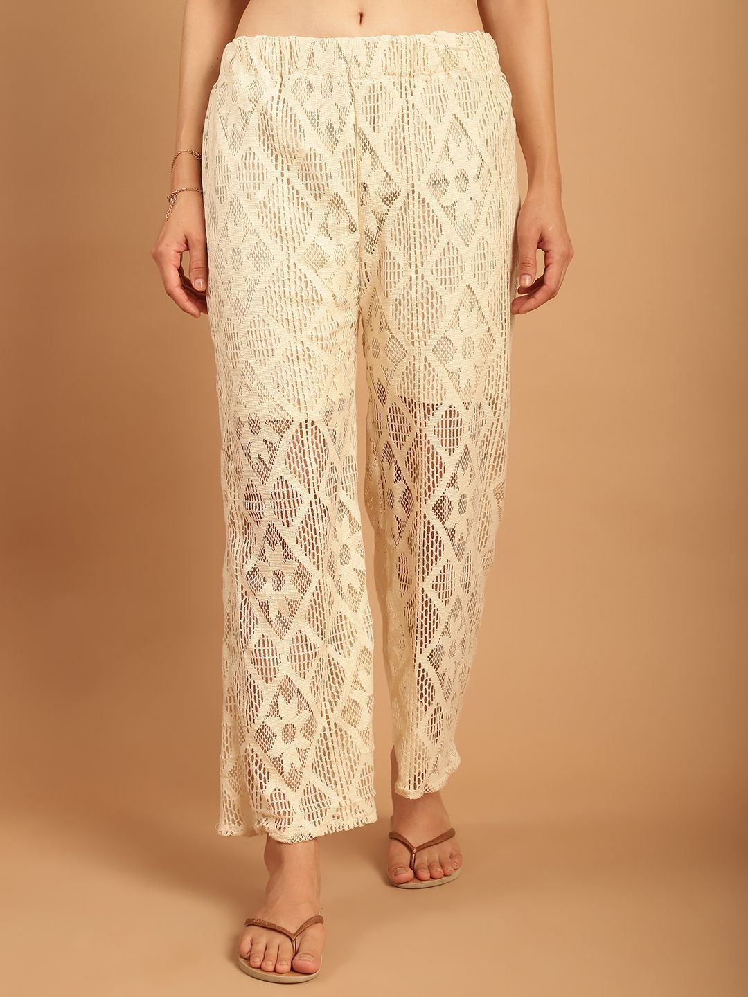 TAG 7 Women Geometric Self Design Sheer With Half Lining Crochet Wide Leg Palazzos - Distacart