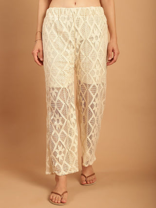 TAG 7 Women Geometric Self Design Sheer With Half Lining Crochet Wide Leg Palazzos - Distacart