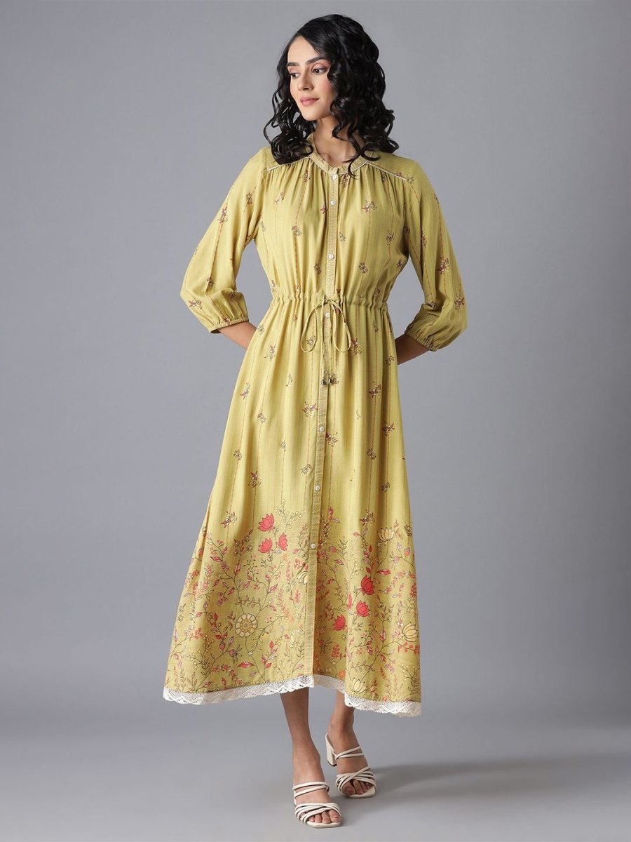 AURELIA Olive Green Ethnic Motifs A-Line Midi Dress - Distacart