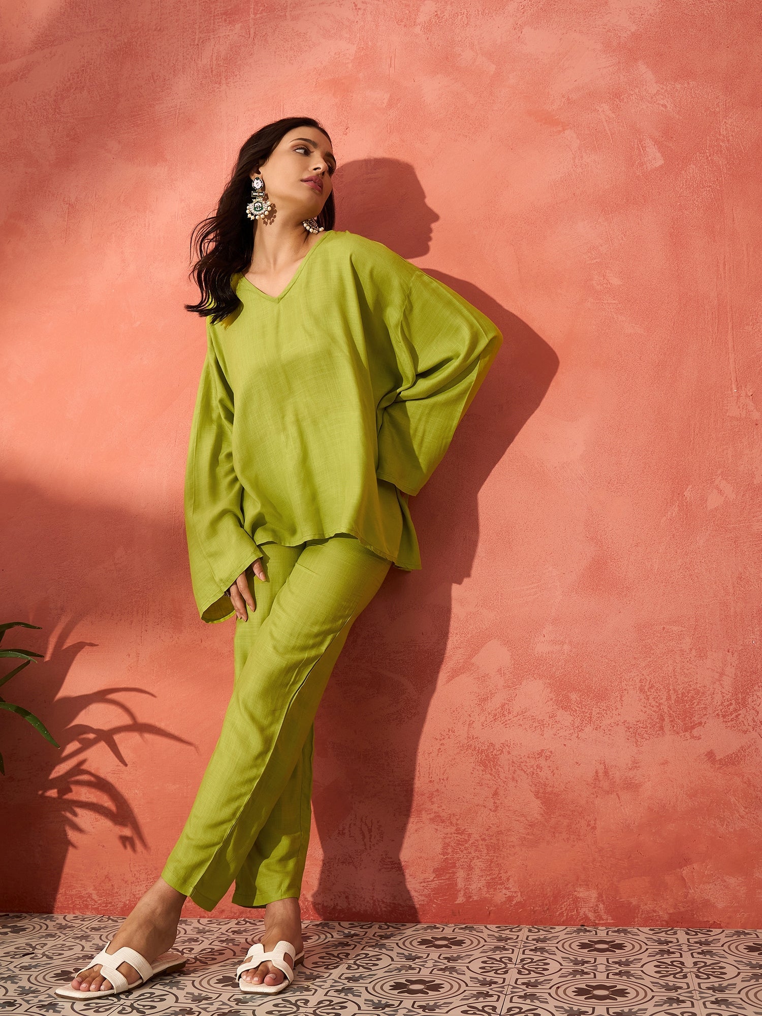 InWeave Pear Green Solid Boho Full Sleeve Co Ord Set - Distacart