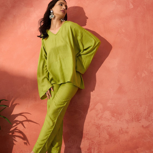 InWeave Pear Green Solid Boho Full Sleeve Co Ord Set - Distacart