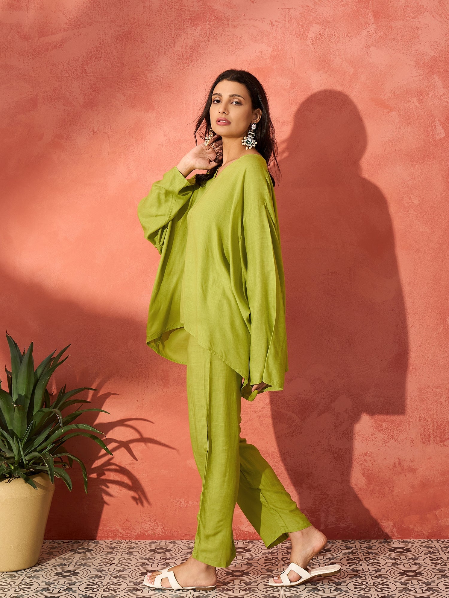 InWeave Pear Green Solid Boho Full Sleeve Co Ord Set - Distacart