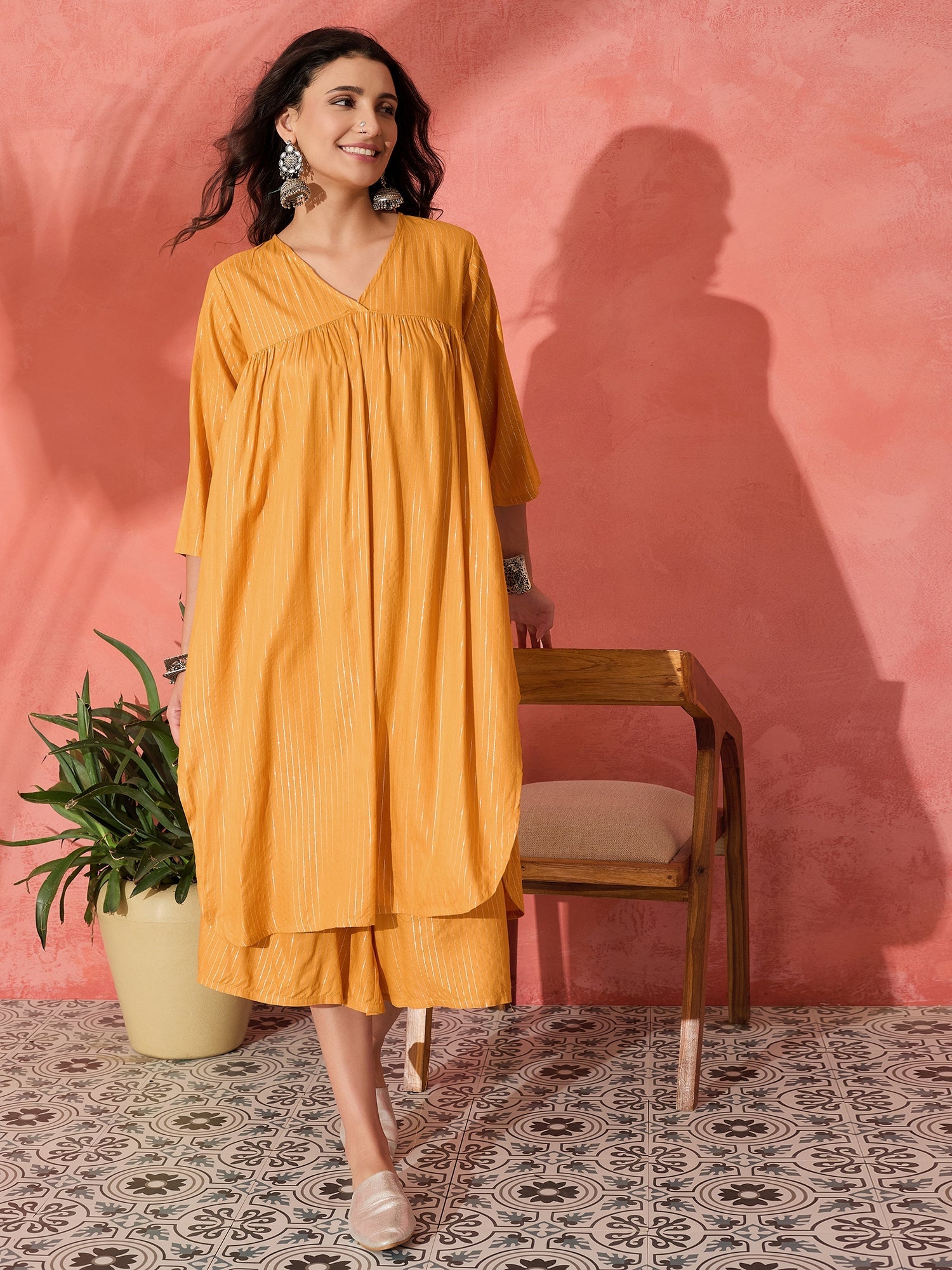InWeave Mustard Lurex Flared V Neck Kurta Palazzo Set - Distacart