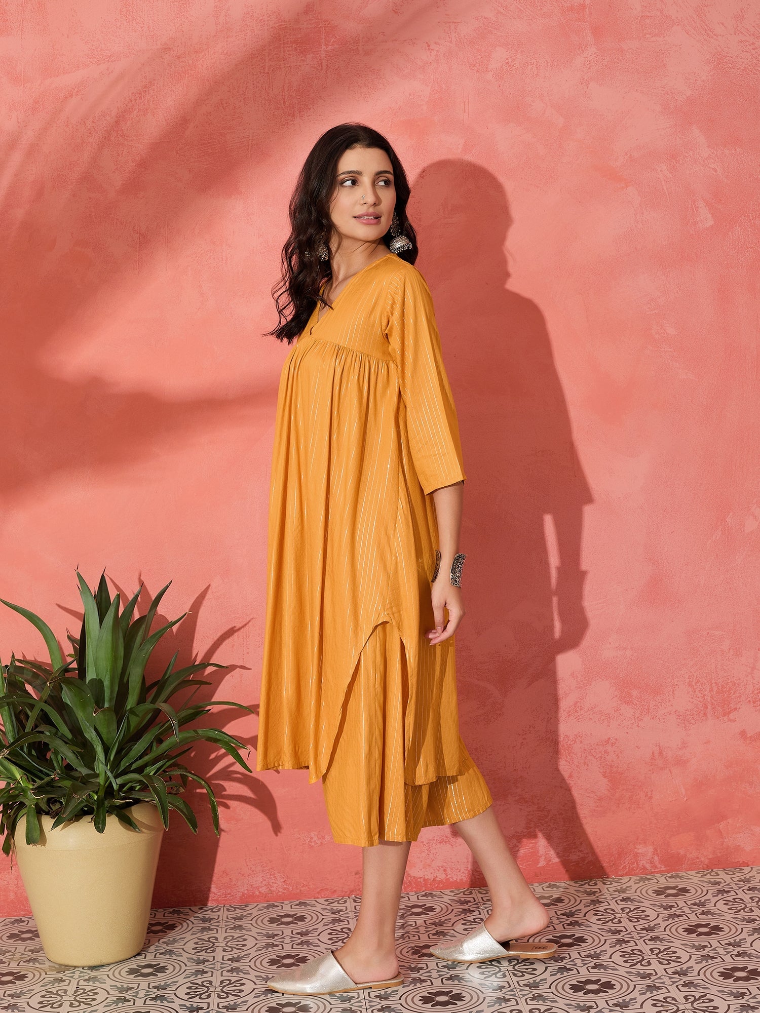 InWeave Mustard Lurex Flared V Neck Kurta Palazzo Set - Distacart