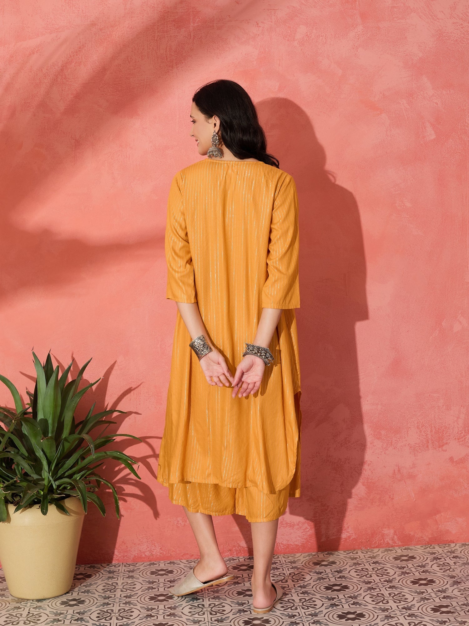 InWeave Mustard Lurex Flared V Neck Kurta Palazzo Set - Distacart