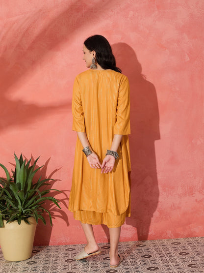 InWeave Mustard Lurex Flared V Neck Kurta Palazzo Set - Distacart