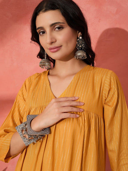 InWeave Mustard Lurex Flared V Neck Kurta Palazzo Set - Distacart