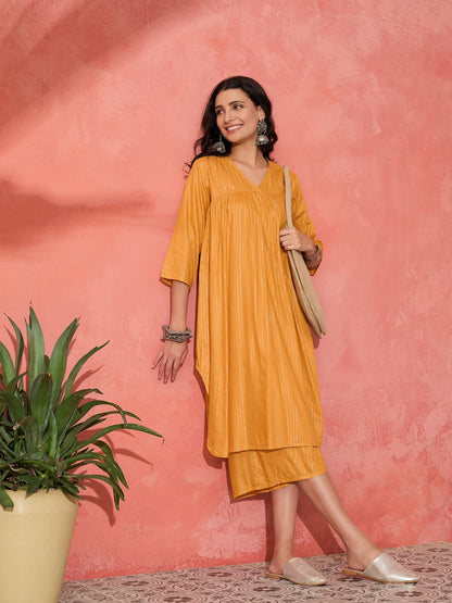 InWeave Mustard Lurex Flared V Neck Kurta Palazzo Set - Distacart