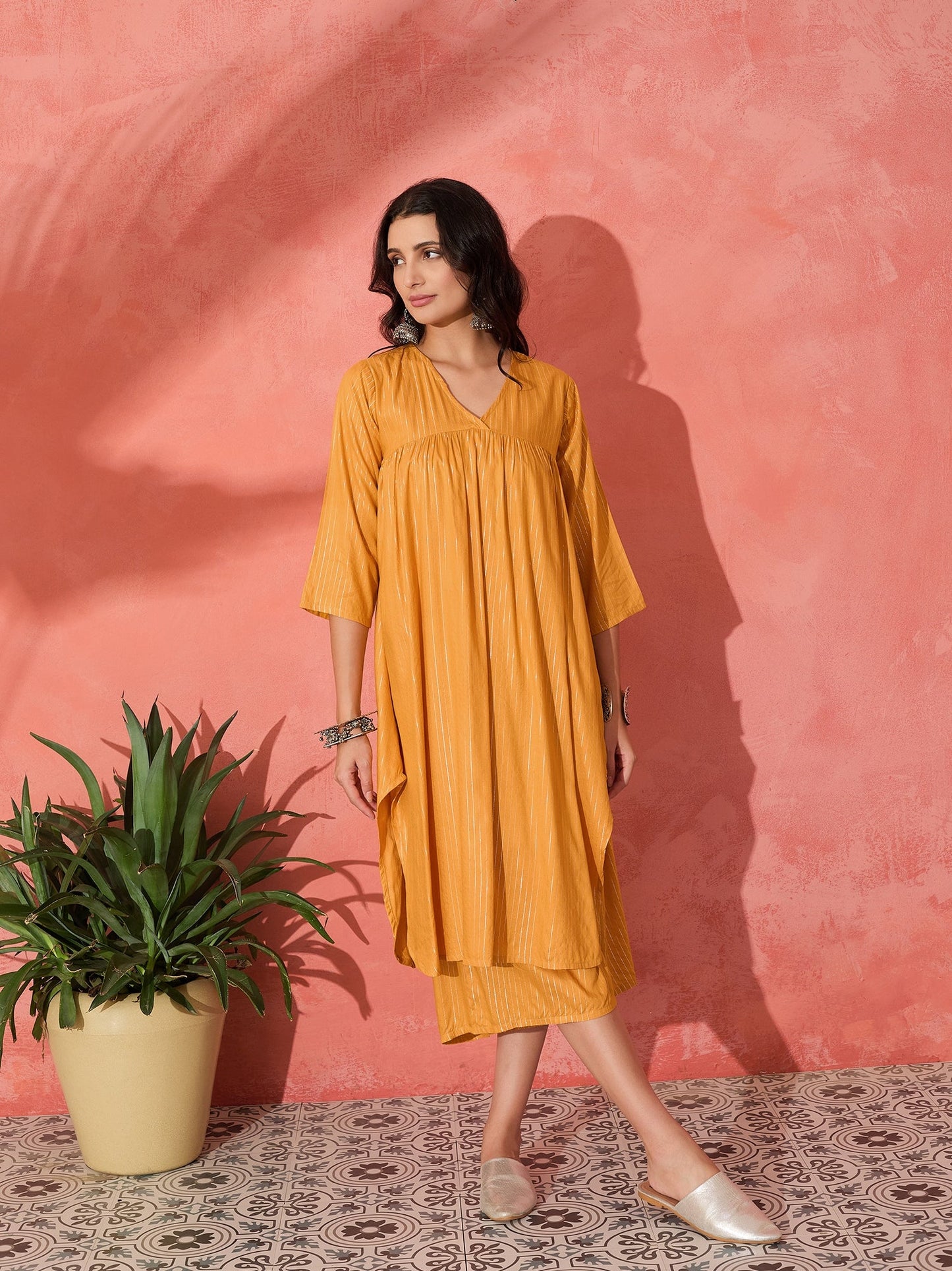 InWeave Mustard Lurex Flared V Neck Kurta Palazzo Set - Distacart
