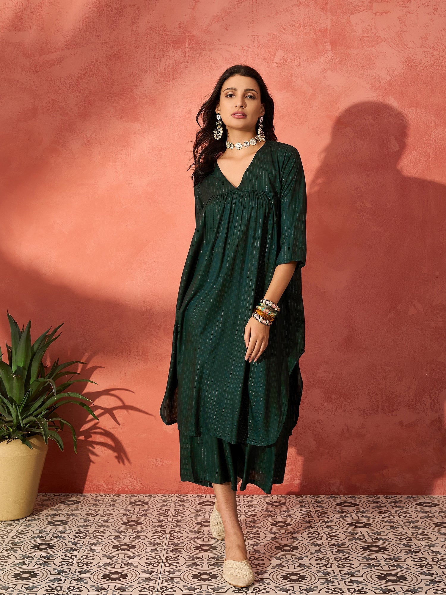InWeave Pine Green Lurex Flared V Neck Kurta Palazzo Set - Distacart