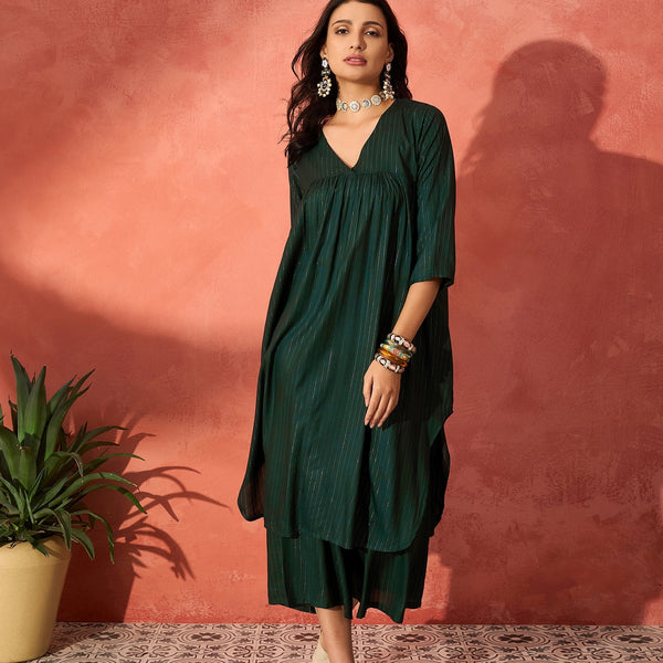 InWeave Pine Green Lurex Flared V Neck Kurta Palazzo Set - Distacart