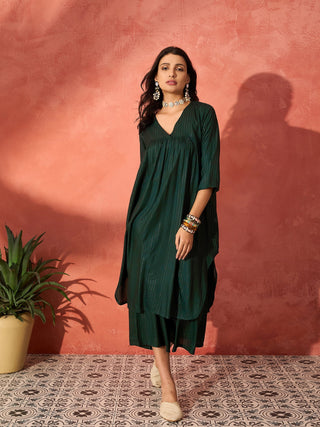 InWeave Pine Green Lurex Flared V Neck Kurta Palazzo Set - Distacart