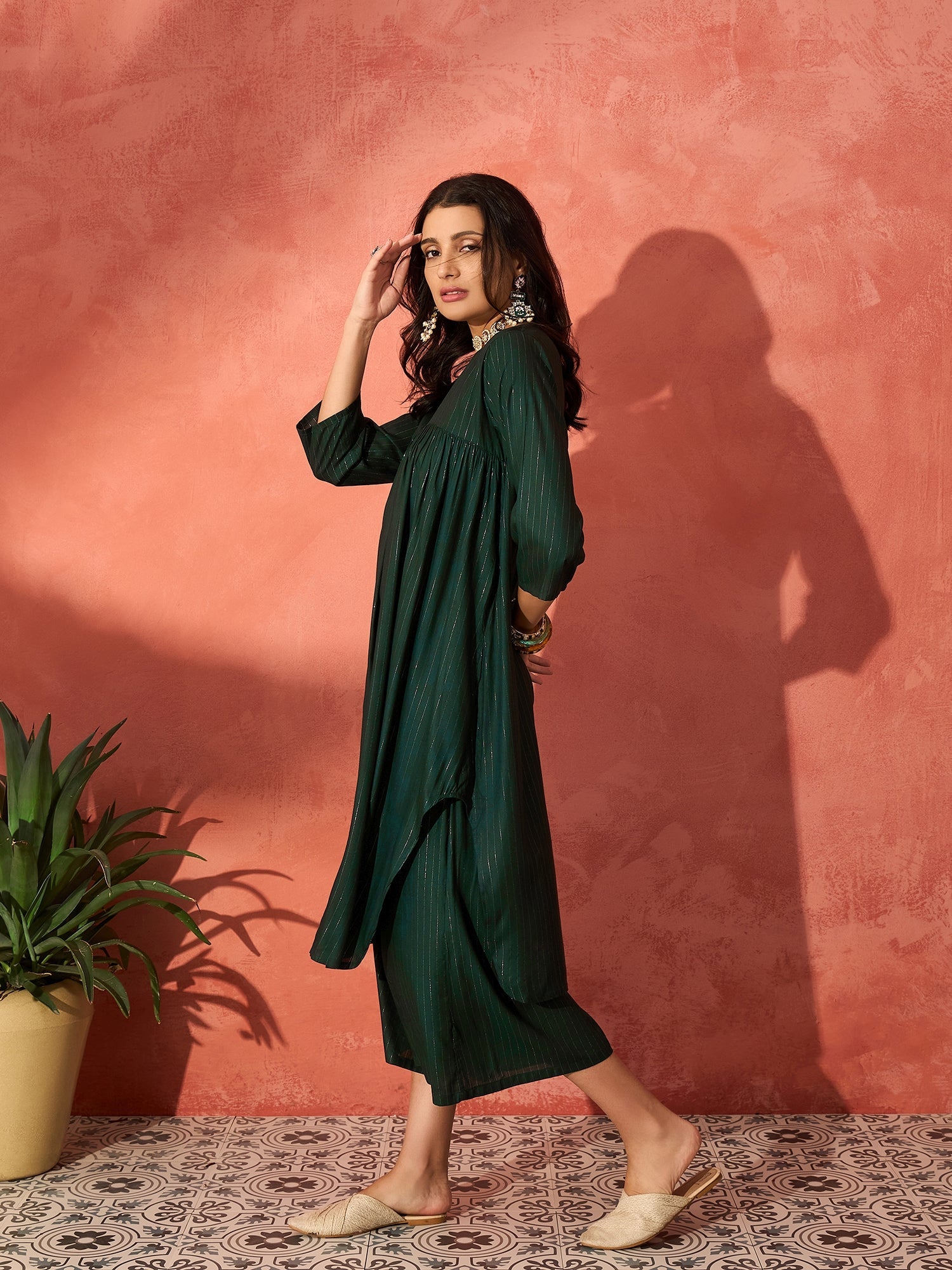 InWeave Pine Green Lurex Flared V Neck Kurta Palazzo Set - Distacart