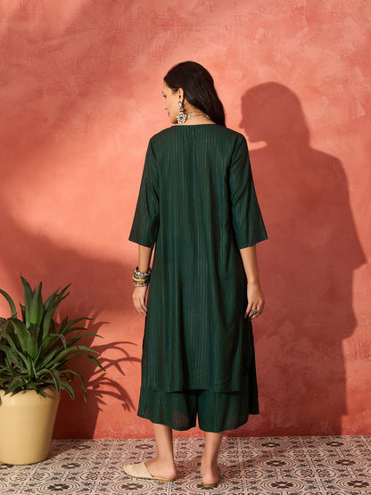 InWeave Pine Green Lurex Flared V Neck Kurta Palazzo Set - Distacart