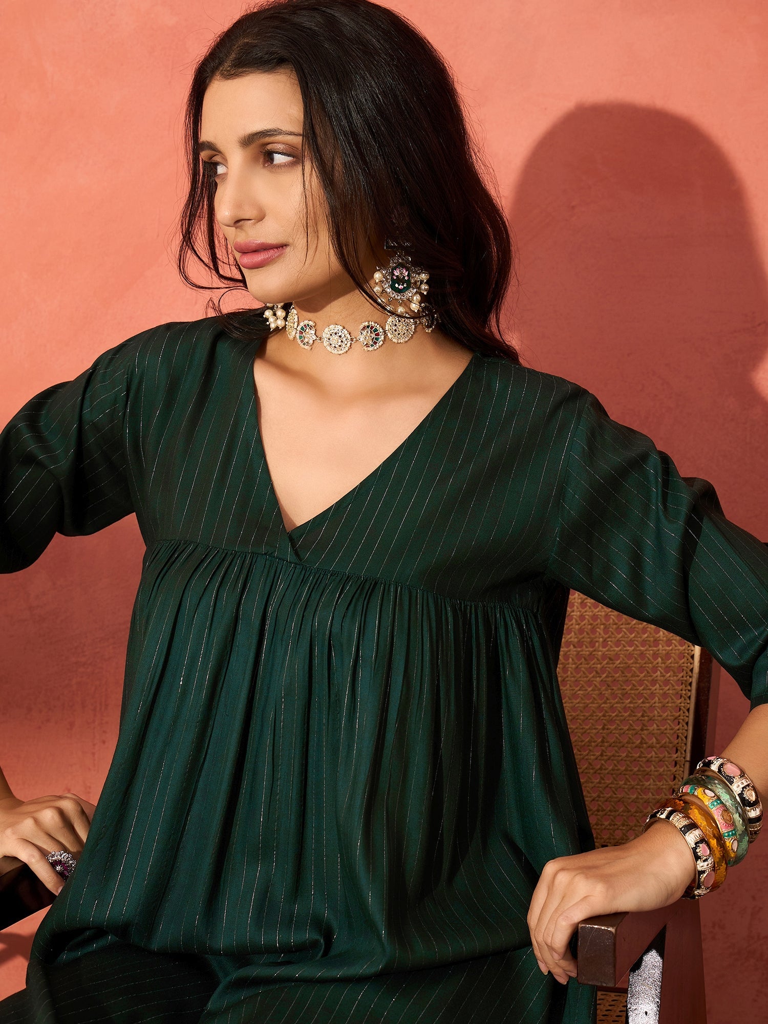 InWeave Pine Green Lurex Flared V Neck Kurta Palazzo Set - Distacart