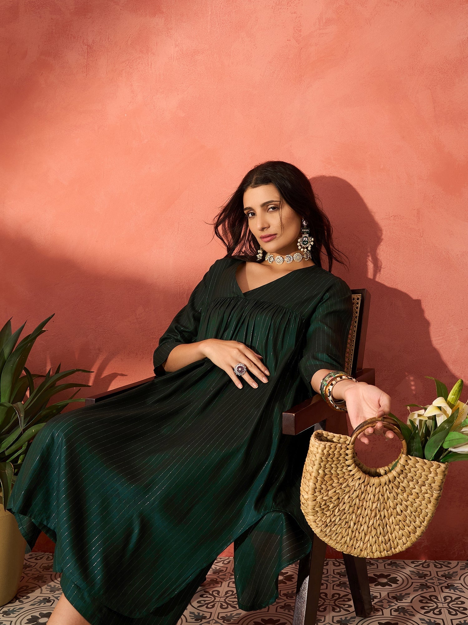 InWeave Pine Green Lurex Flared V Neck Kurta Palazzo Set - Distacart