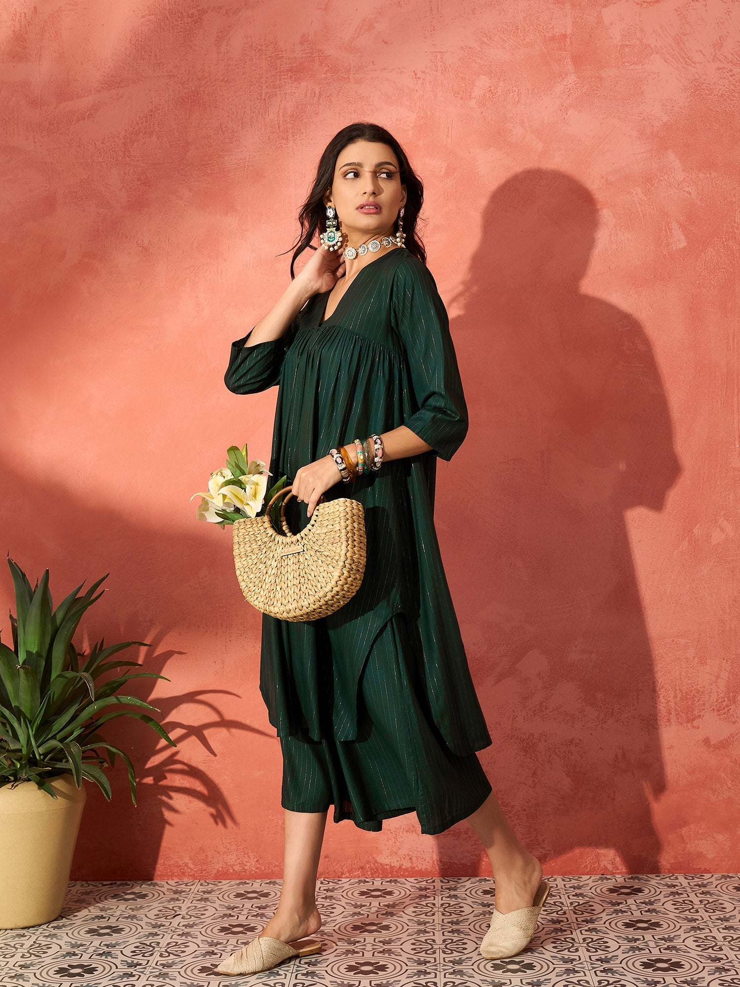 InWeave Pine Green Lurex Flared V Neck Kurta Palazzo Set - Distacart