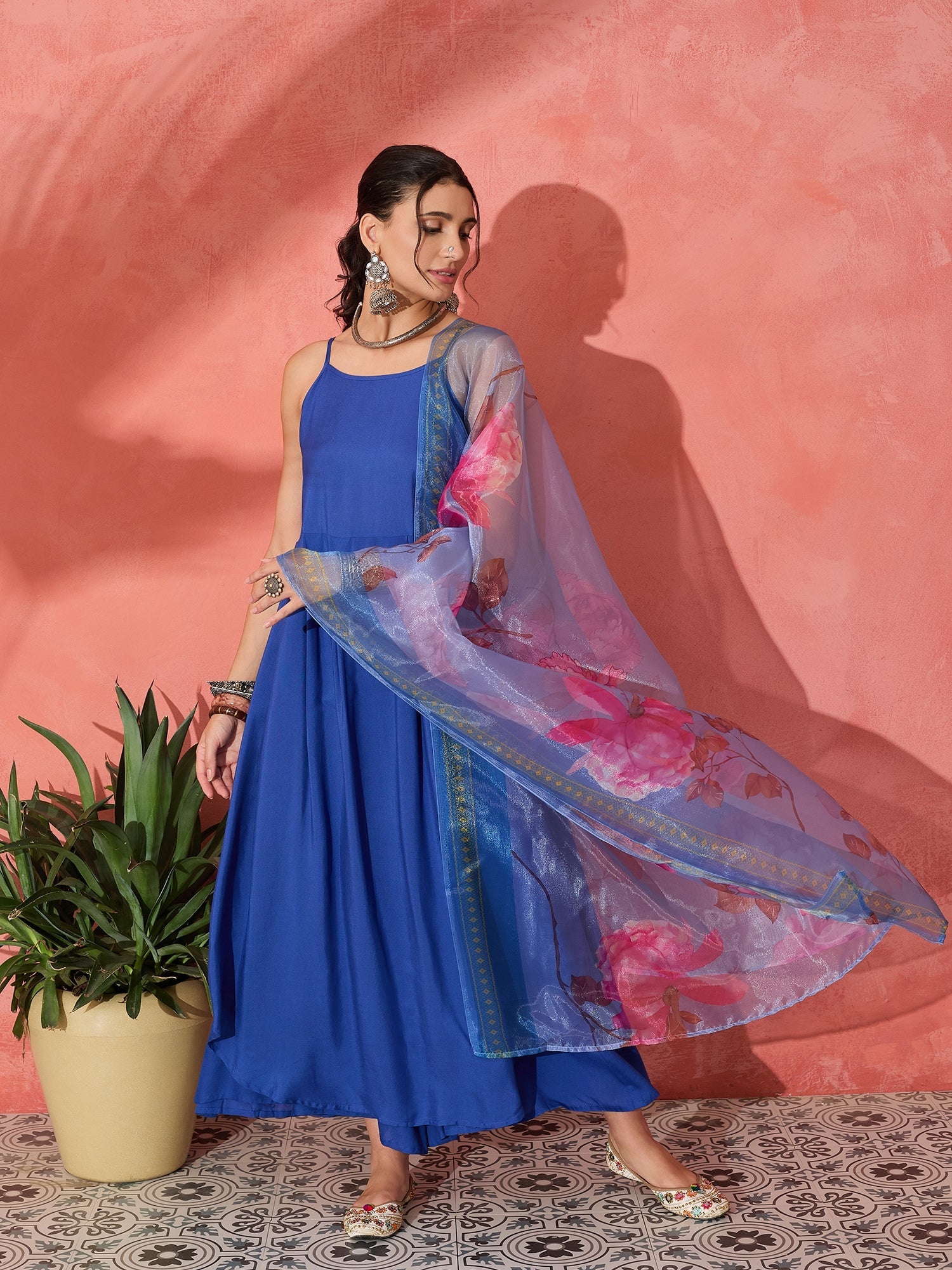 InWeave Strappy Ink Blue With Blue Fuchsia Floral Organza Dupatta Set - Distacart