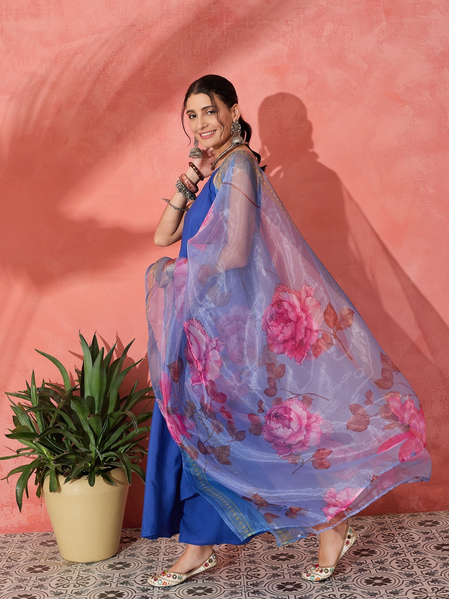 InWeave Strappy Ink Blue With Blue Fuchsia Floral Organza Dupatta Set - Distacart