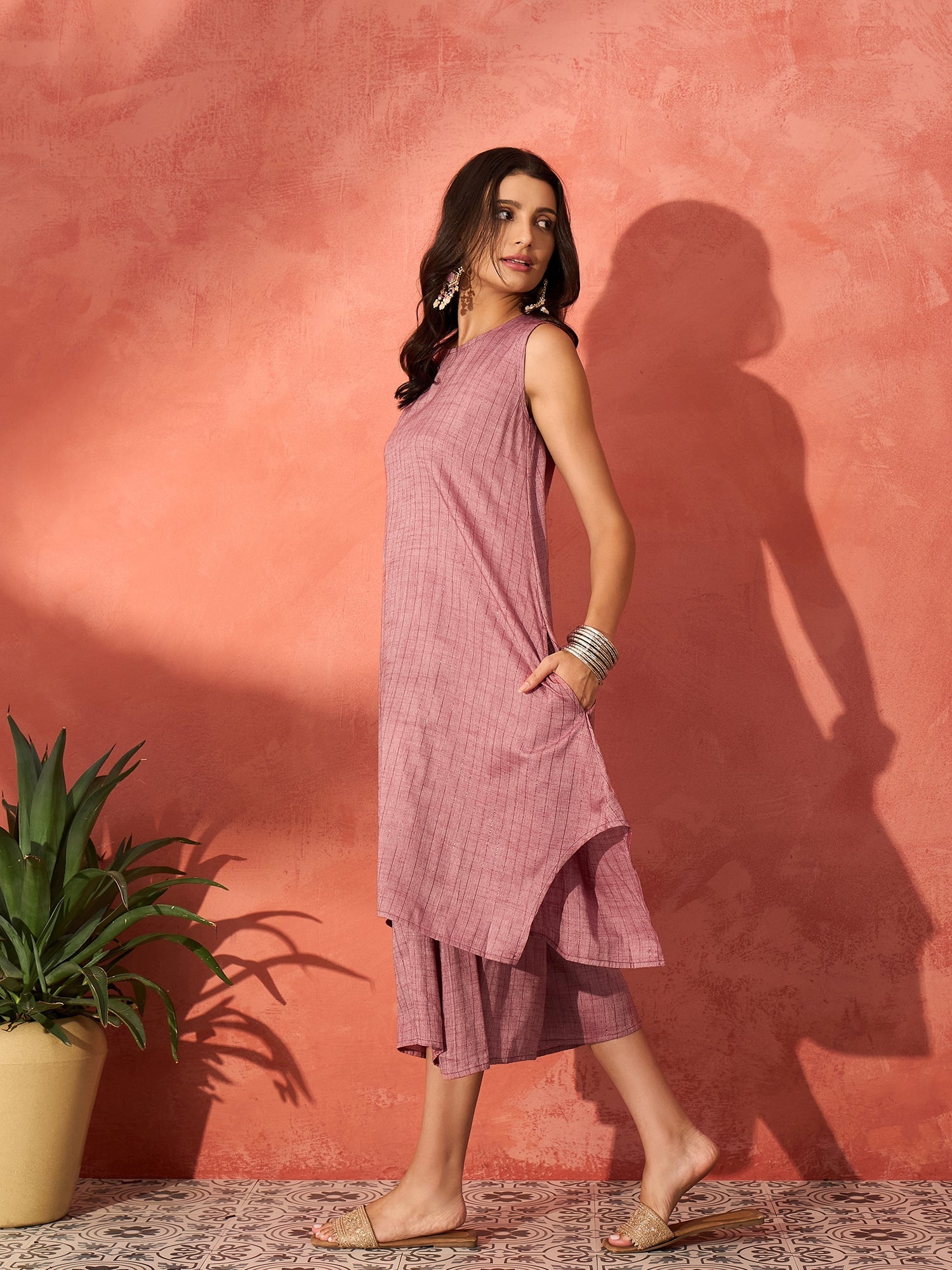 InWeave Wine Lurex Short Palazzo Kurta Set - Distacart