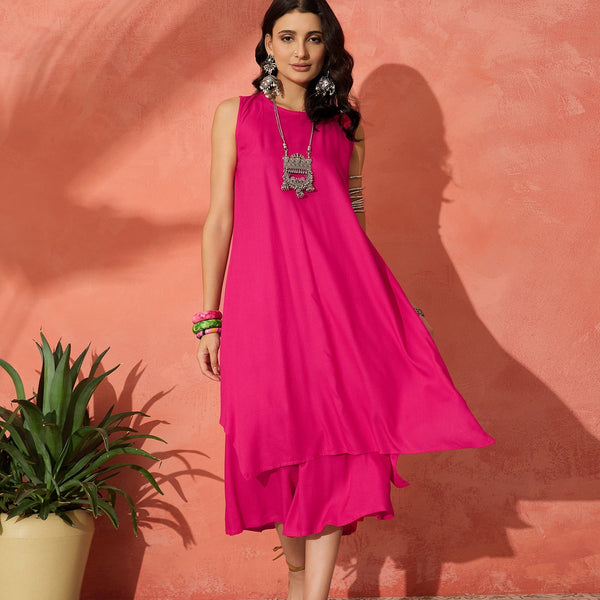 InWeave Fuchsia Short Kurta Palazzo Set - Distacart
