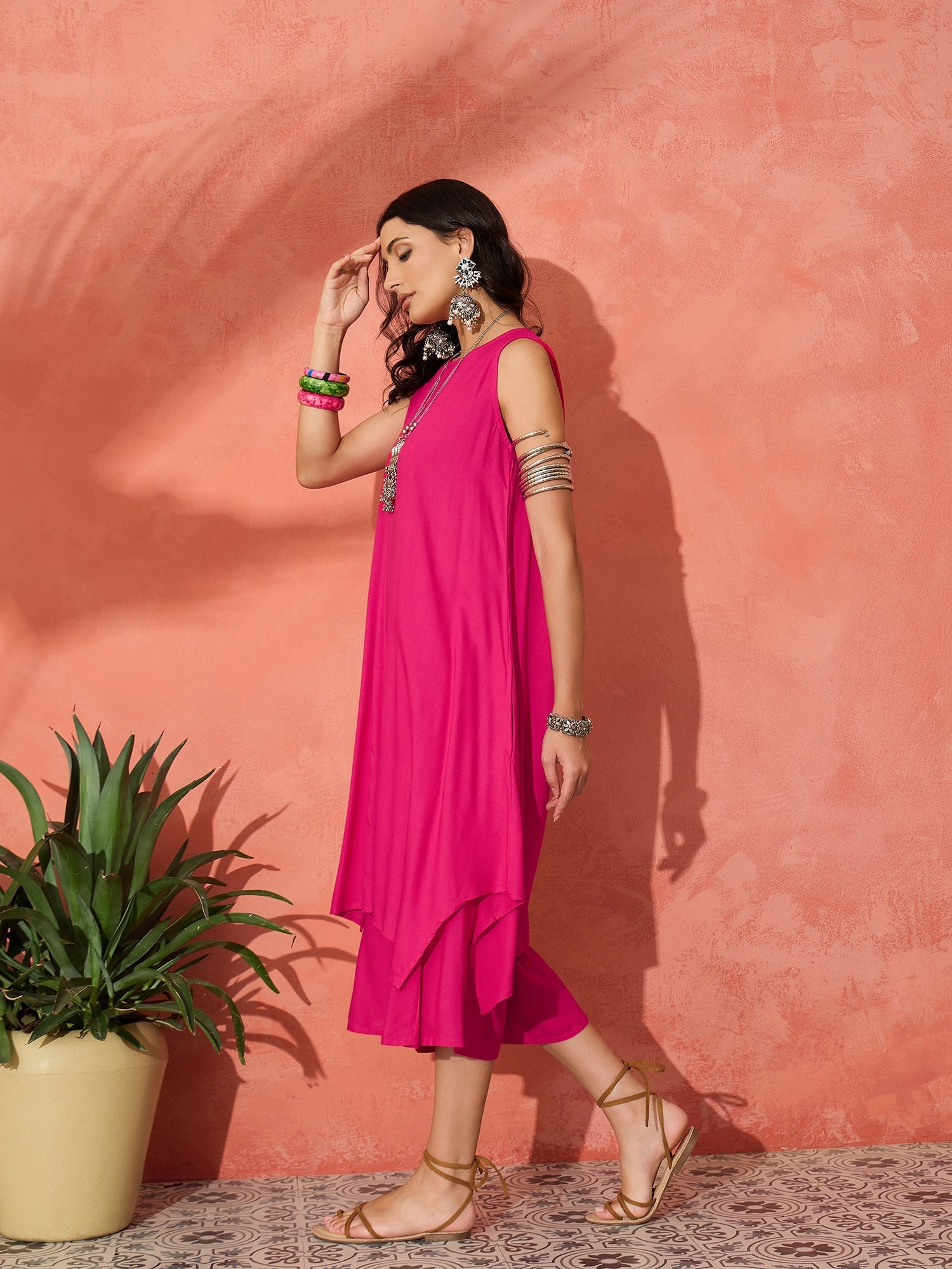InWeave Fuchsia Short Kurta Palazzo Set - Distacart