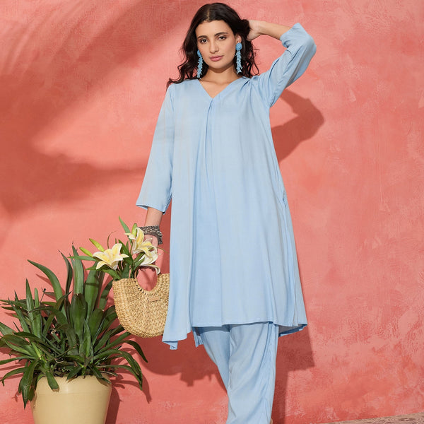 InWeave Pastel Blue Solid V Neck Kurta Pant Set - Distacart