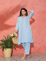 Thumbnail for InWeave Pastel Blue Solid V Neck Kurta Pant Set