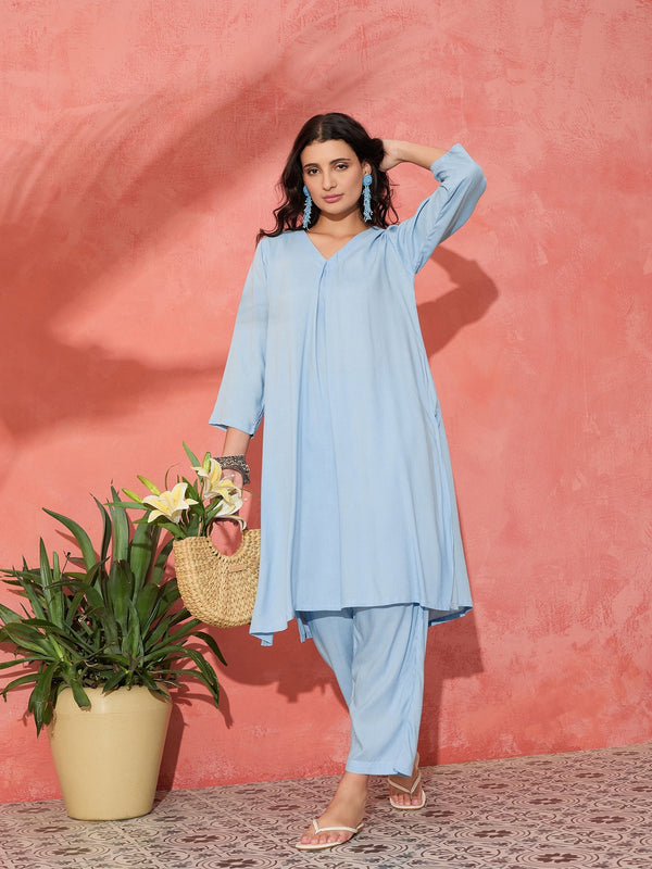 InWeave Pastel Blue Solid V Neck Kurta Pant Set