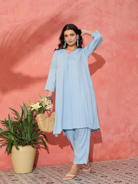 InWeave Pastel Blue Solid V Neck Kurta Pant Set