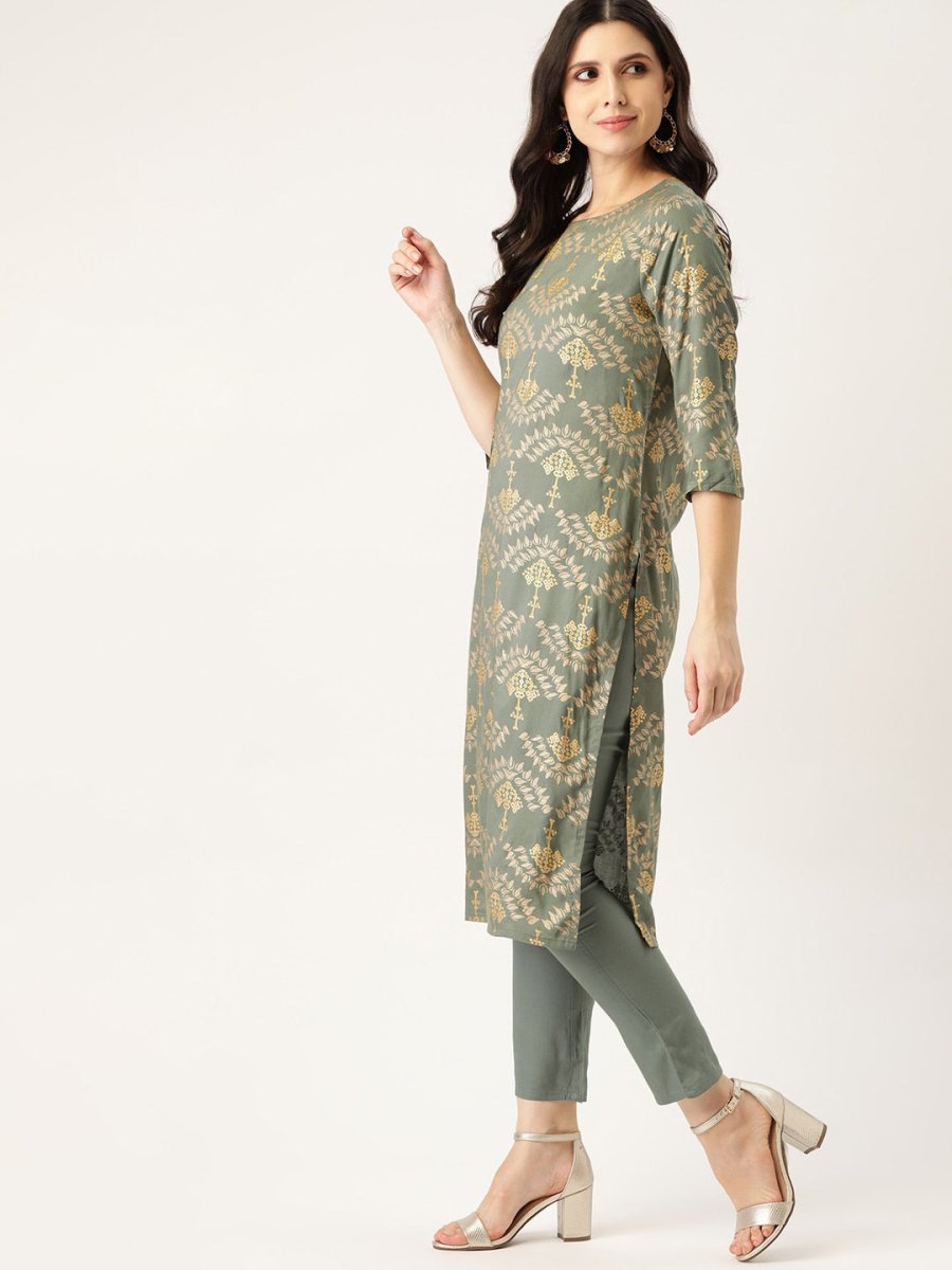 All About You Women Grey & Golden Ethnic Motifs Print Kurta with Trousers - Distacart