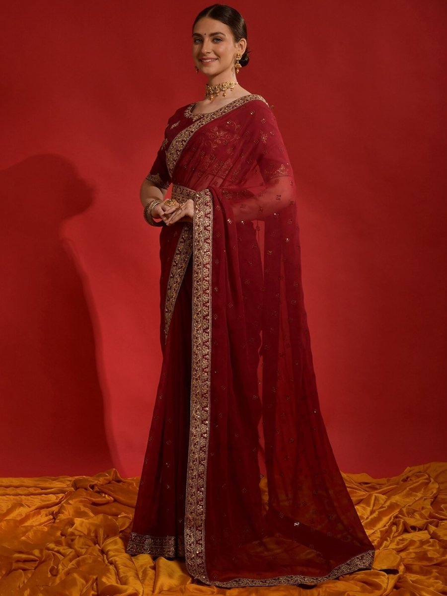 Anouk Maroon Embellished Sequinned Pure Georgette Saree - Distacart