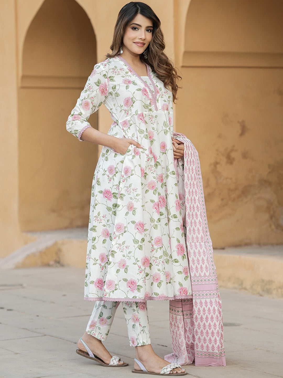 Kalini V Neck Floral Printed Cotton Anarkali Kurta with Trouser & Dupatta - Distacart