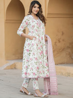 Thumbnail for Kalini V Neck Floral Printed Cotton Anarkali Kurta with Trouser & Dupatta - Distacart
