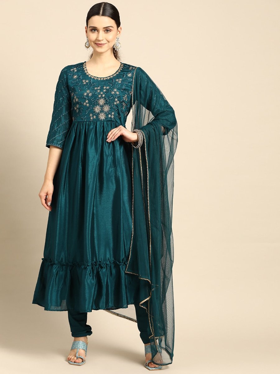 Anouk Women Teal Blue Embroidered Floral Yoke Design Layered Kurta with Churidar & Dupatta - Distacart