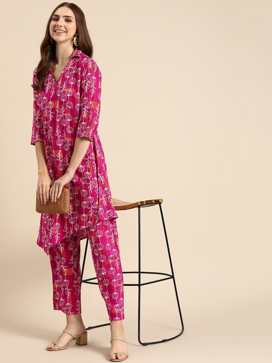 Anouk Women Floral Printed Asymmetric Regular Kurta with Trousers - Distacart