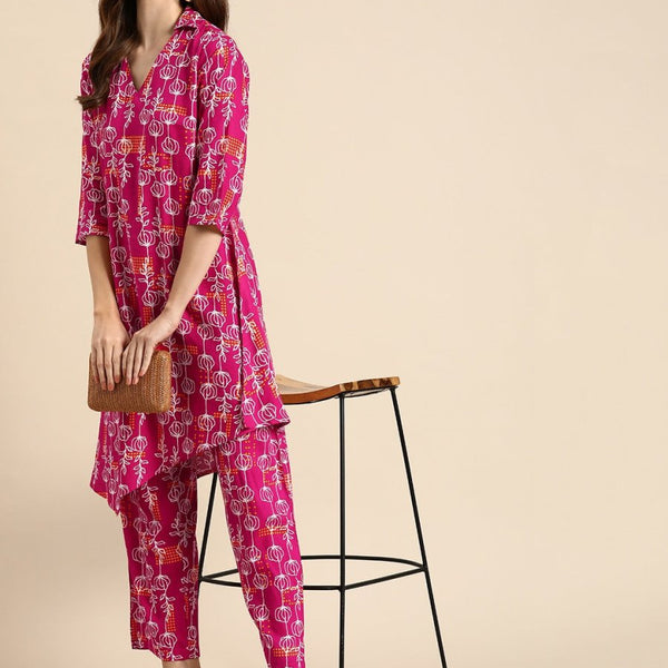 Anouk Women Floral Printed Asymmetric Regular Kurta with Trousers - Distacart