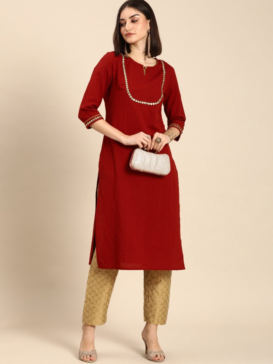 All About You Women Red & Gold-Toned Keyhole Neck Gotta Patti Kurta - Distacart