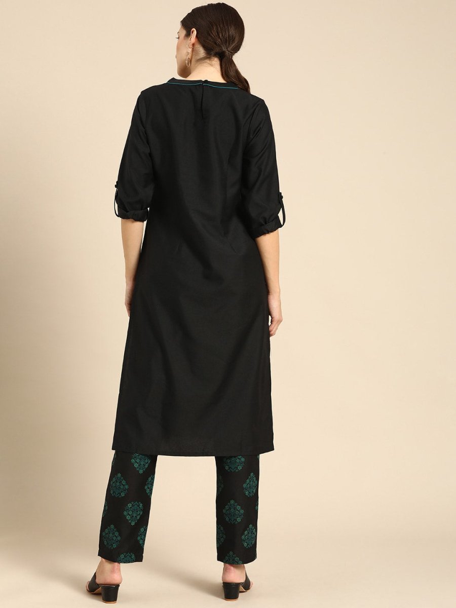 All About You Women Black Floral Yoke Design Regular Thread Work Kurta with Trousers - Distacart