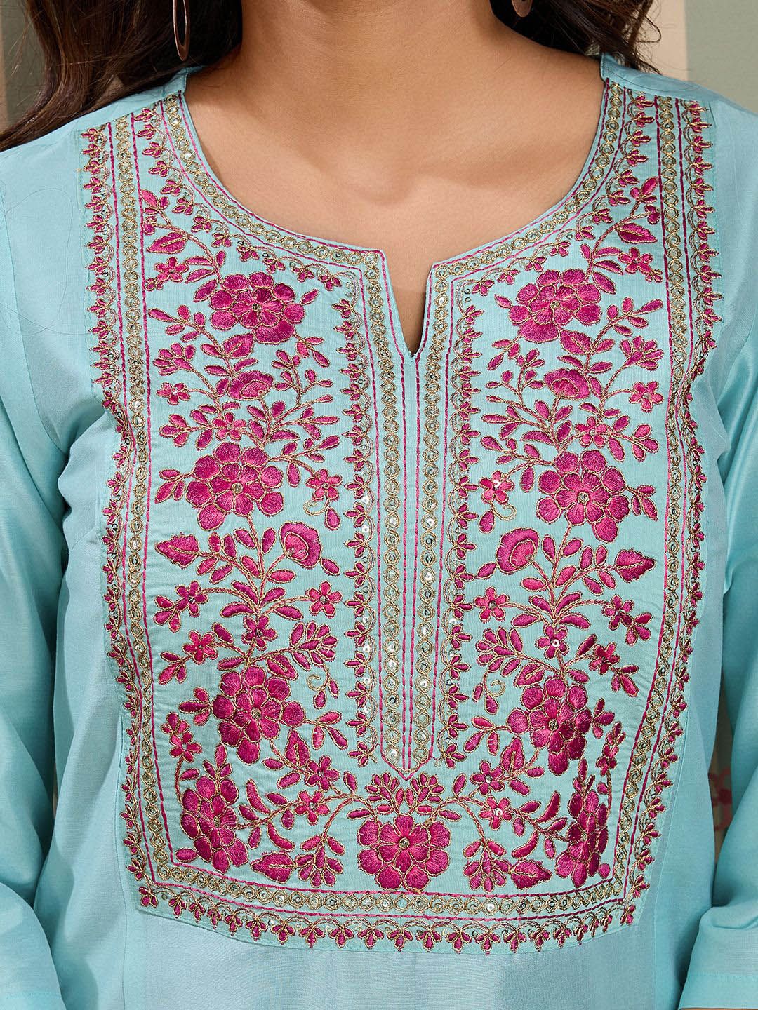 Ode by House of Pataudi Floral Embroidered Notch Neck Kurta With Trousers And Dupatta - Distacart