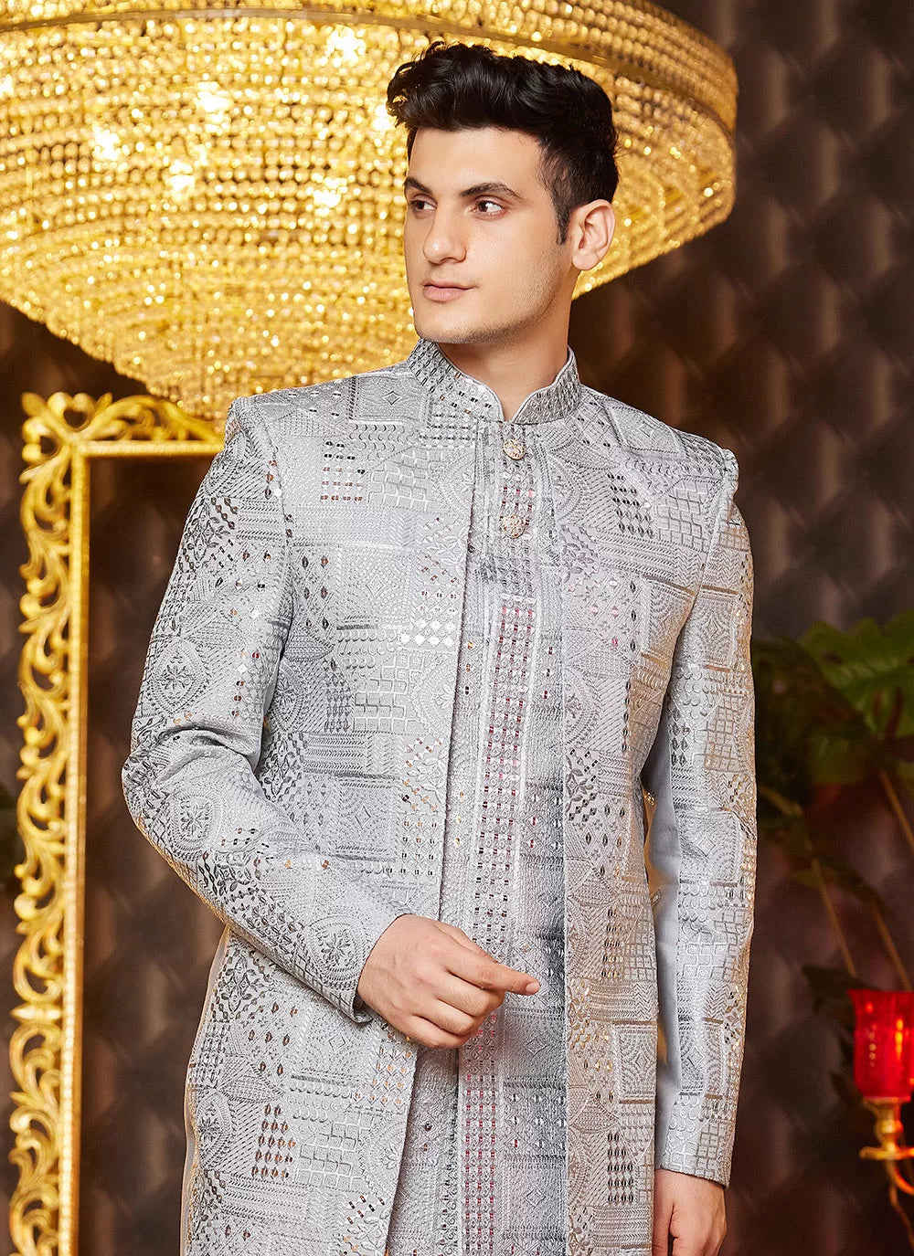 Raivat Ethnic Mens Art Silk Thread Work Indo Western In Grey Colour - Dista