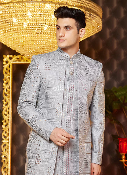 Raivat Ethnic Mens Art Silk Thread Work Indo Western In Grey Colour - Dista