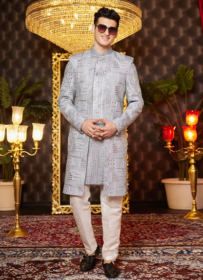 Raivat Ethnic Mens Art Silk Thread Work Indo Western In Grey Colour - Dista