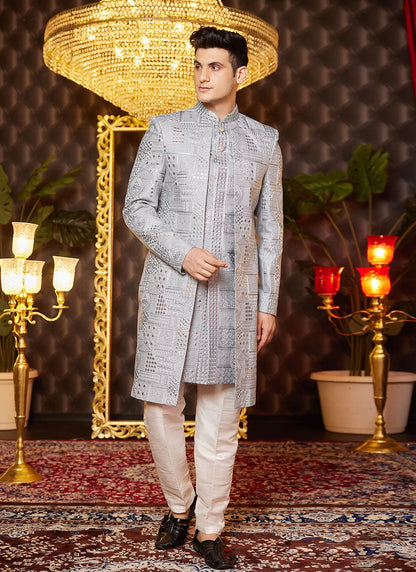 Raivat Ethnic Mens Art Silk Thread Work Indo Western In Grey Colour - Dista